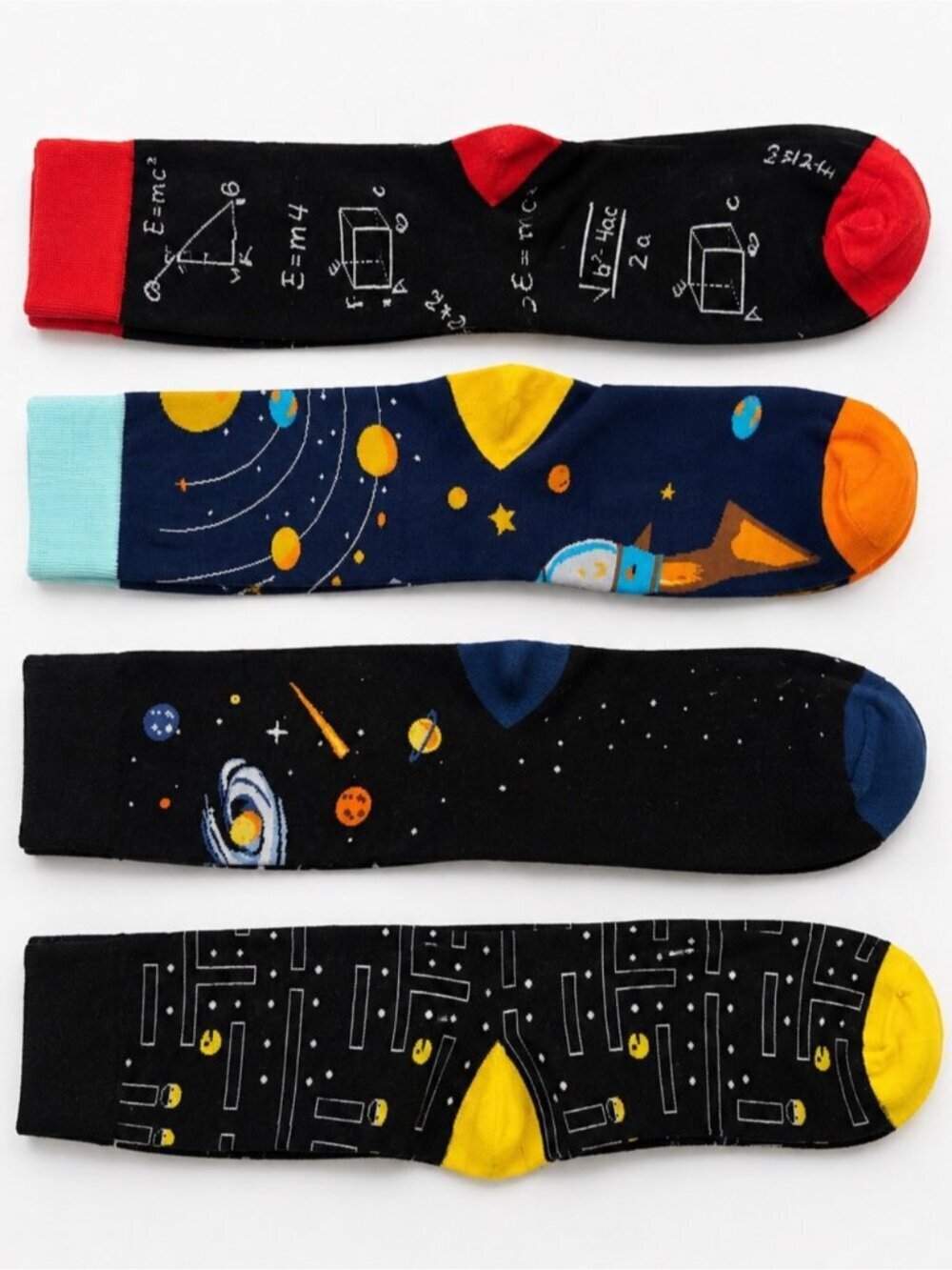 4-Pack Space Science Novelty Crew Socks Bundle Pac-Man Galaxy Math